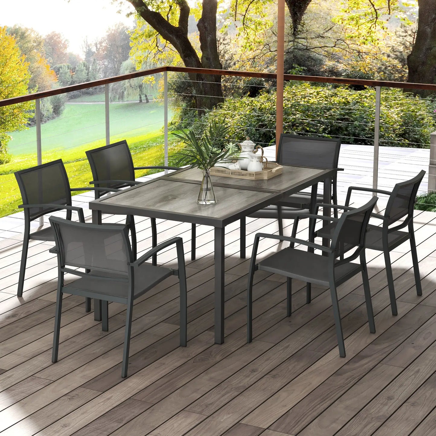 Seven-Piece Casual Outdoor Dining Set, with Wood-Effect Table - Grey