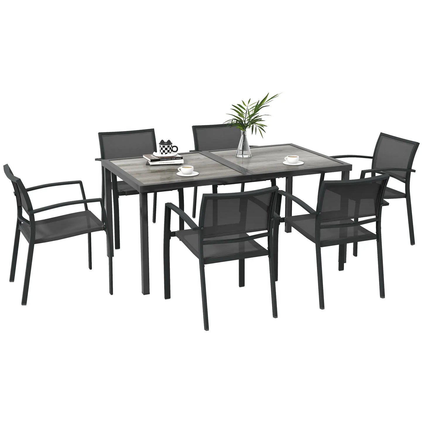 Seven-Piece Casual Outdoor Dining Set, with Wood-Effect Table - Grey