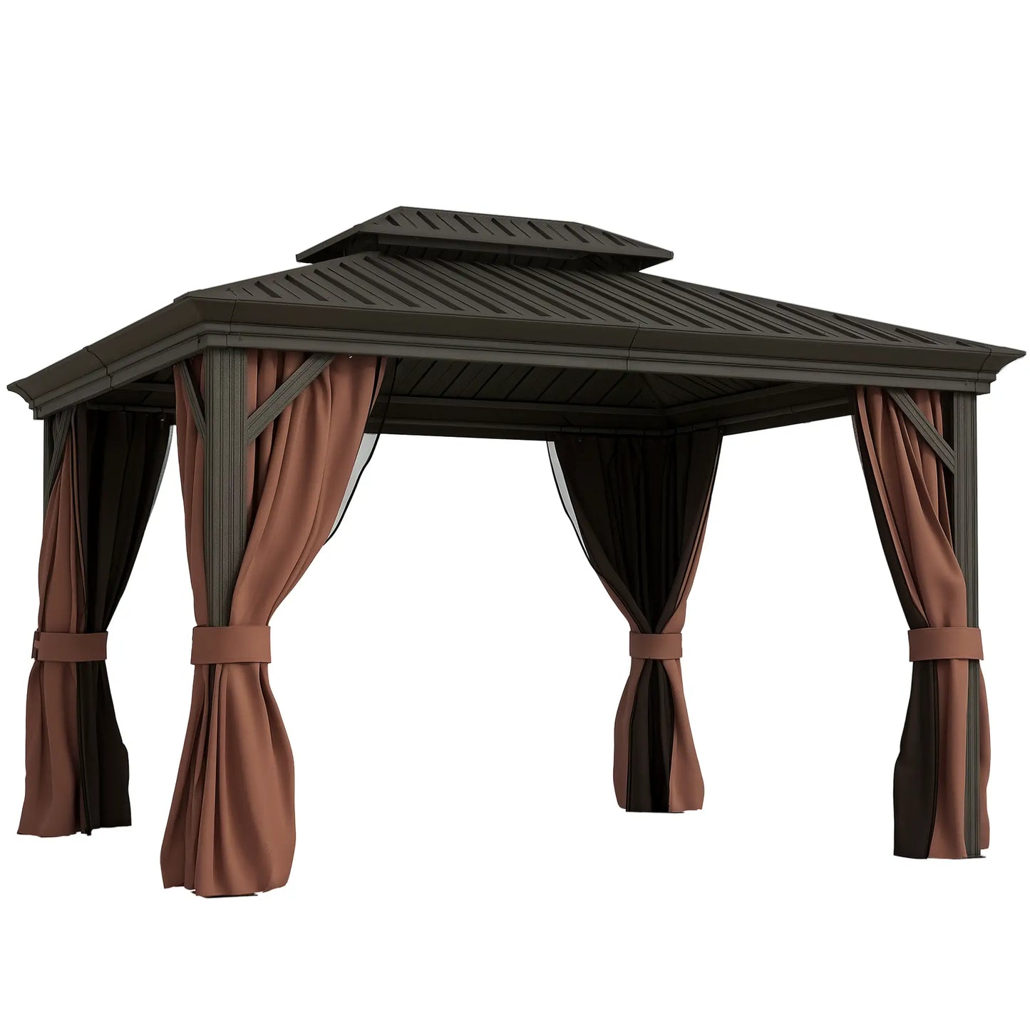 3 x 3.7m Outdoor Hardtop Gazebo Canopy Aluminium Frame with 2-Tier Roof & Mesh Netting Sidewalls for Patio, Dark Brown