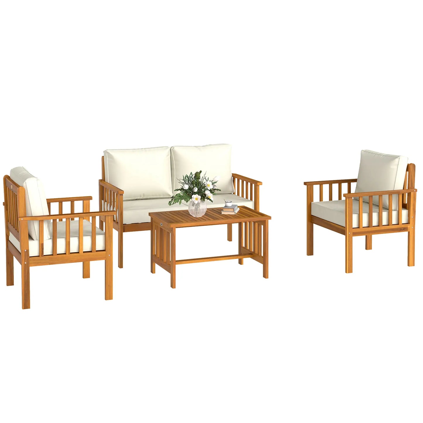 Four-Piece Acacia Wood Garden Sofa Set - Teak/Cream