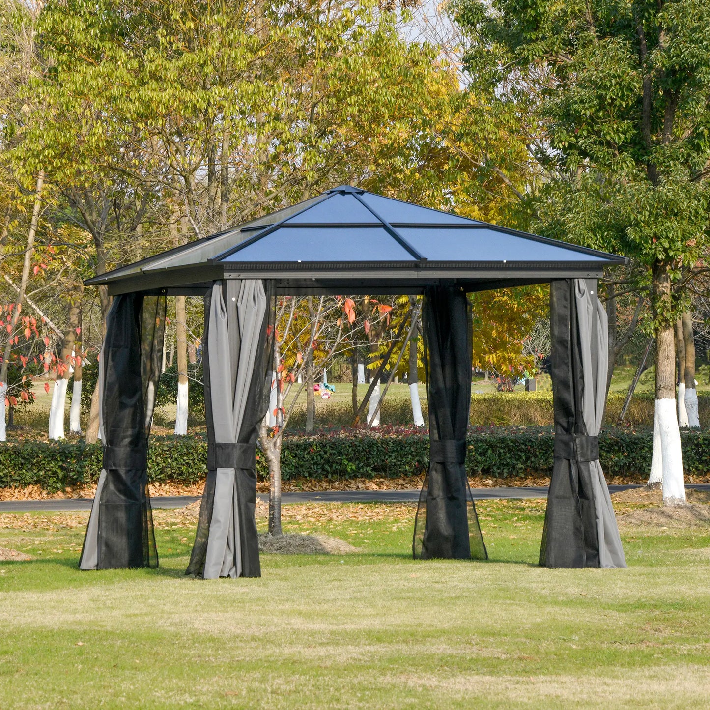 3 x 3(m) Hardtop Gazebo Canopy with Polycarbonate Roof, Aluminium Frame, Permanent Pavilion Garden Gazebo with Netting and Curtains for Patio, Deck, Dark Grey