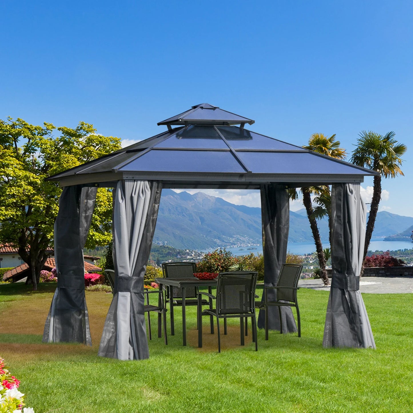 Outdoor 3 x 3(m) Gazebo Cabana w/ Steel Frame & Net Sidewalls for Privacy