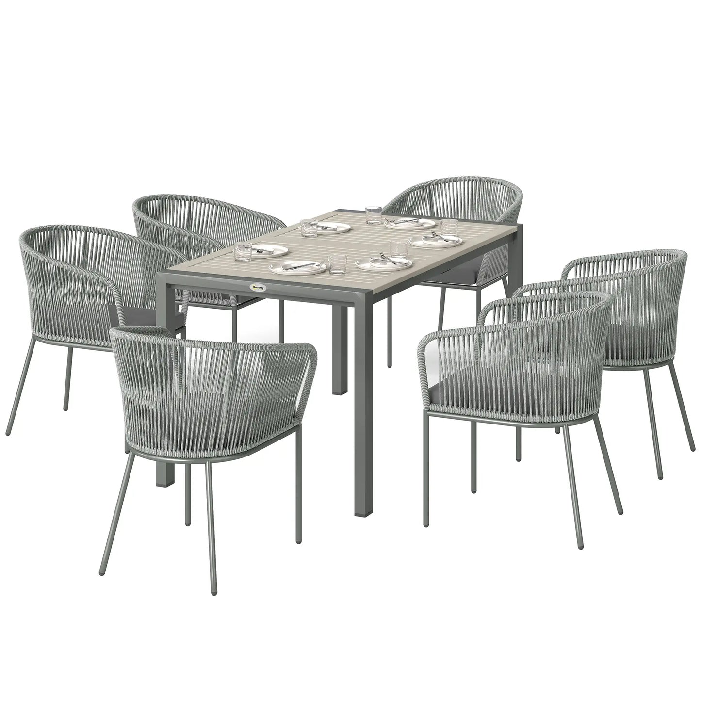 Rattan Dining Set, 6 Seater Rattan Garden Furniture Set with Acacia Wood Top Rectangle Table, 6 Chairs, Washable Seat Cushions, for Outdoor, Patio, Conservatory, Grey