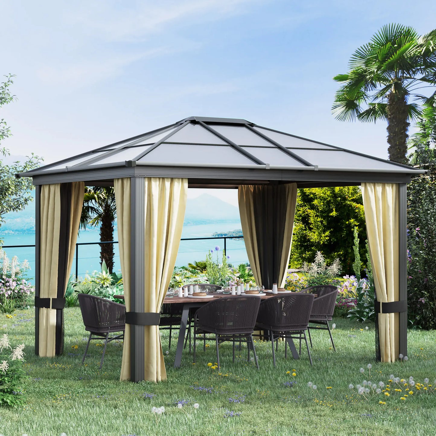3 x 3.6(m) Hardtop Gazebo Canopy with Polycarbonate Roof and Aluminium Frame, Garden Pavilion with Mosquito Netting and Curtains, Brown