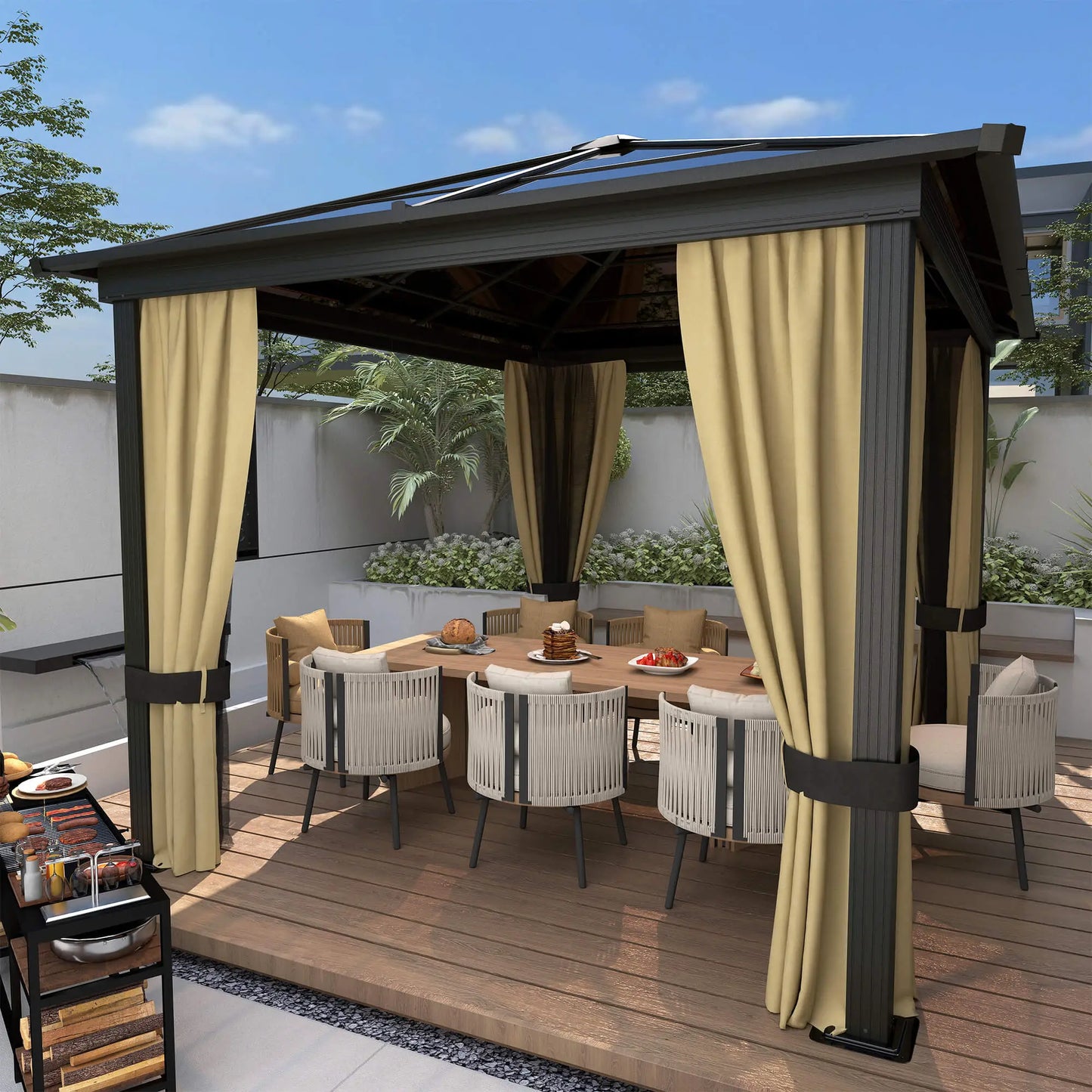 3 x 3.6(m) Hardtop Gazebo Canopy with Polycarbonate Roof and Aluminium Frame, Garden Pavilion with Mosquito Netting and Curtains, Brown