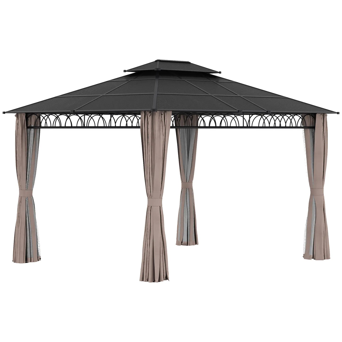 3.6 x 3 (m) Outdoor Polycarbonate Gazebo, Double Roof Hard Top Gazebo with Nettings & Curtains for Garden, Lawn, Patio