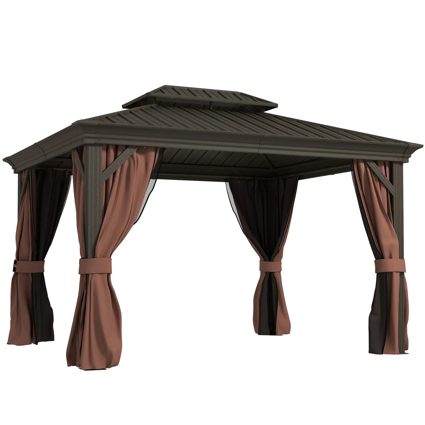 3 x 3.7m Outdoor Hardtop Gazebo Canopy Aluminium Frame with 2-Tier Roof & Mesh Netting Sidewalls for Patio, Dark Brown