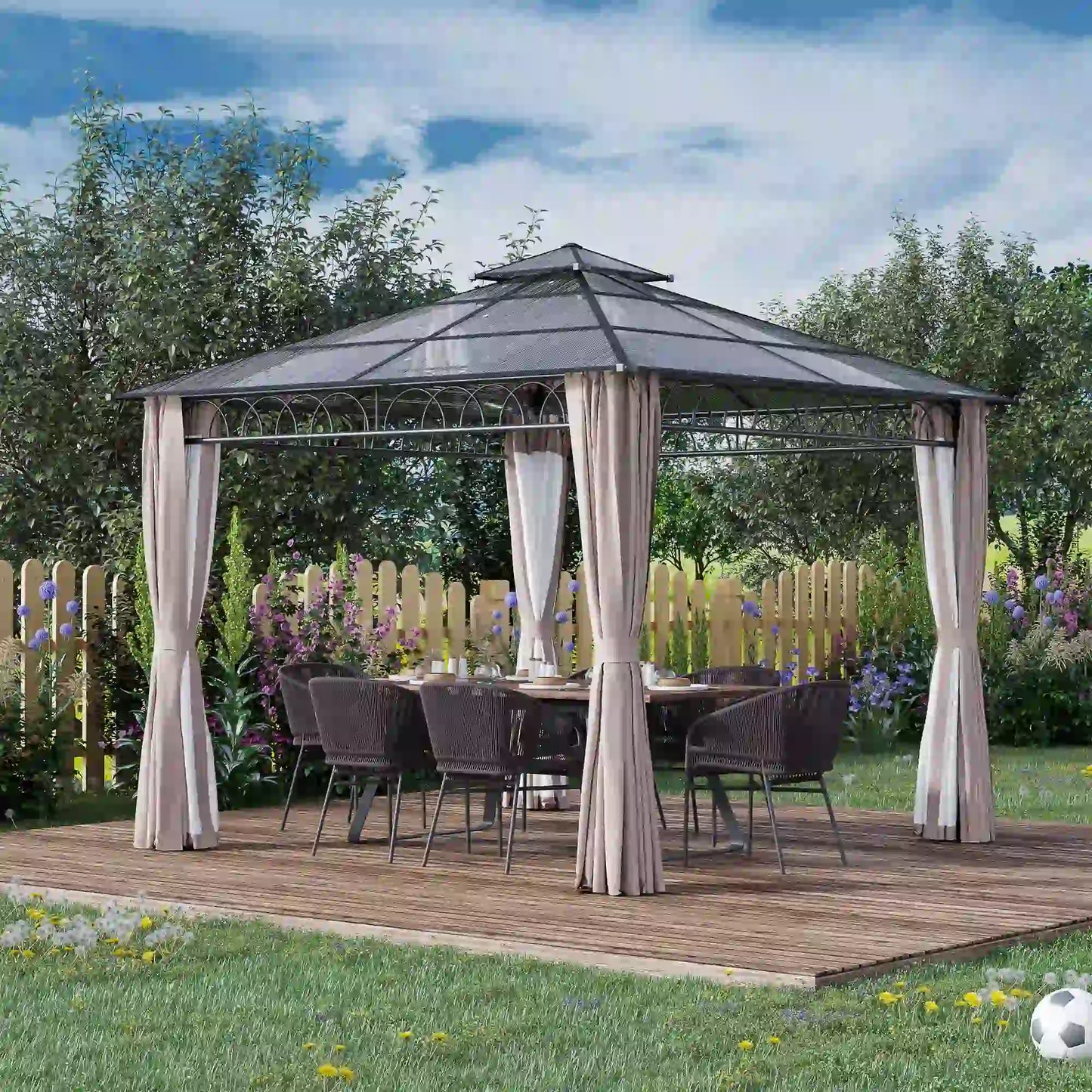 3 x 3 (m) Outdoor Polycarbonate Gazebo, Double Roof Hard Top Gazebo with Galvanised Steel Frame, Nettings & Curtains for Garden, Lawn, Patio and Deck, Khaki