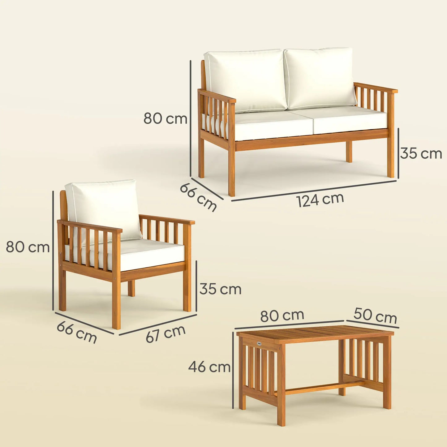 Four-Piece Acacia Wood Garden Sofa Set - Teak/Cream