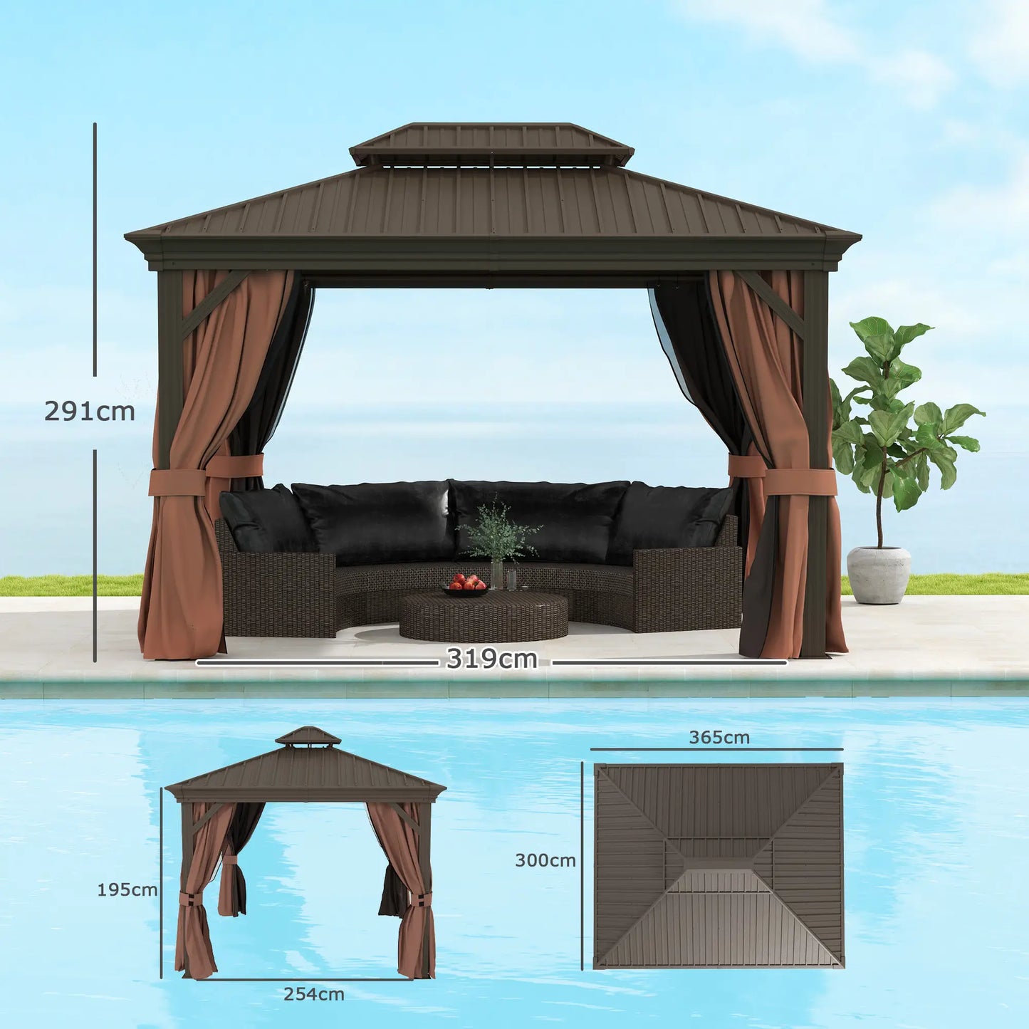 3 x 3.7m Outdoor Hardtop Gazebo Canopy Aluminium Frame with 2-Tier Roof & Mesh Netting Sidewalls for Patio, Dark Brown