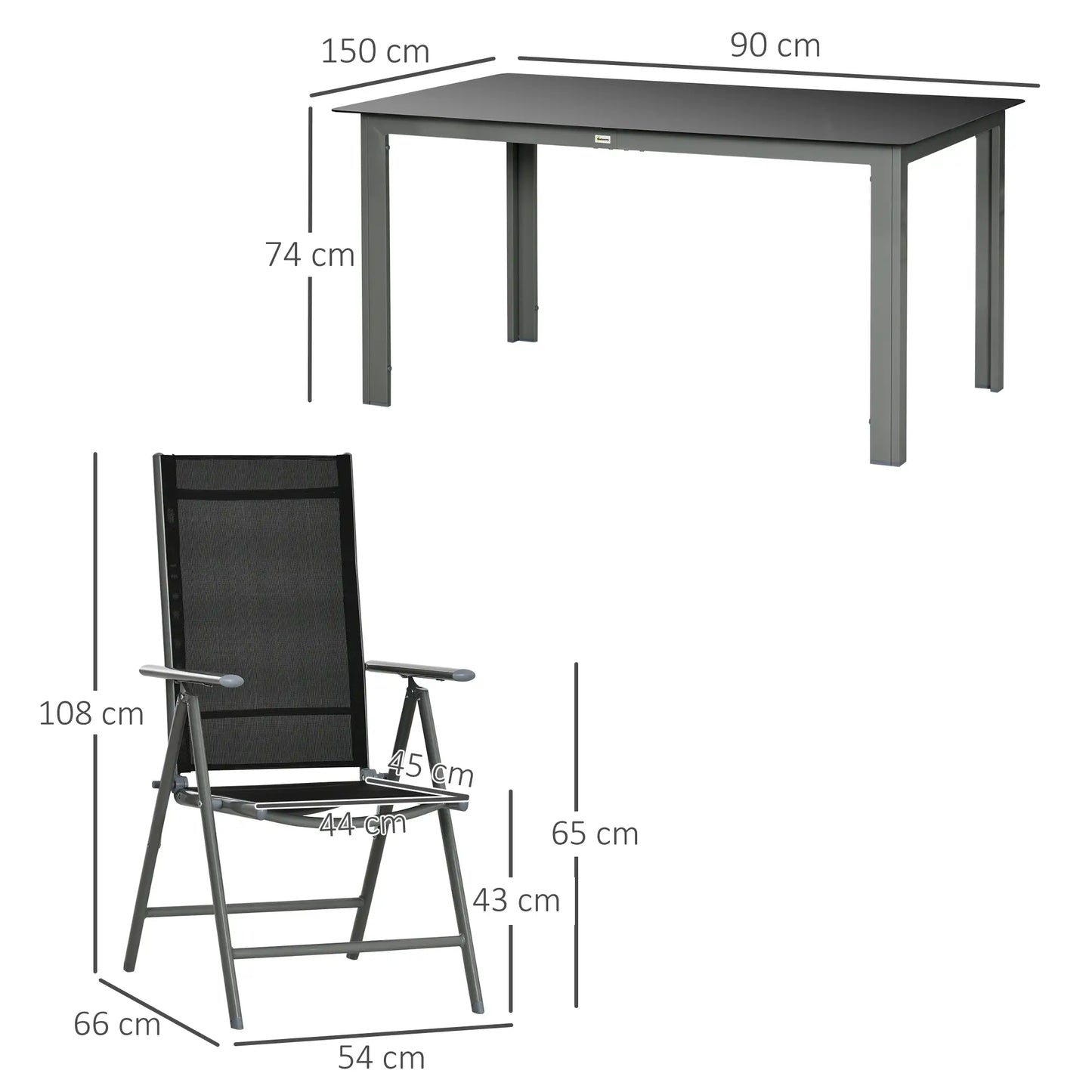 7 Piece Garden Dining Set, Outdoor Table and 6 Folding and Reclining Chairs, Aluminium Frame, Tempered Glass Top Table, Texteline Seats, Black