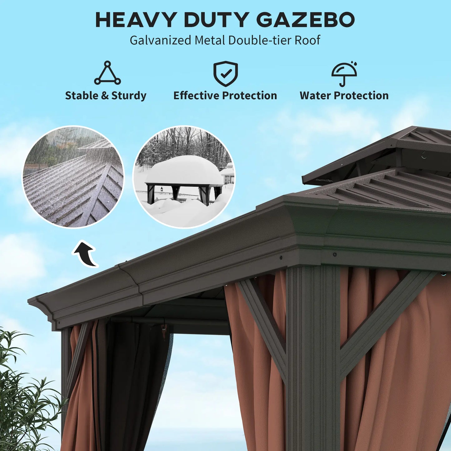 3 x 3.7m Outdoor Hardtop Gazebo Canopy Aluminium Frame with 2-Tier Roof & Mesh Netting Sidewalls for Patio, Dark Brown