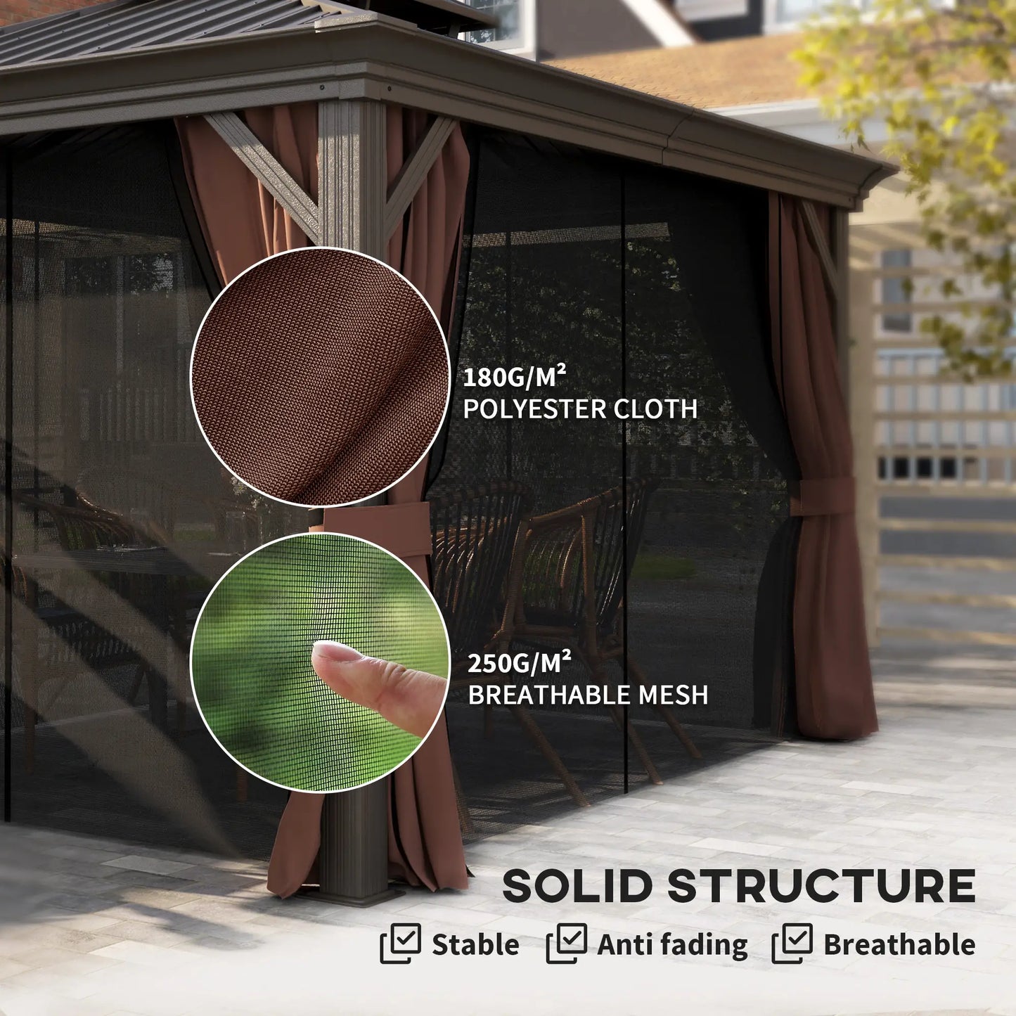 3 x 3.7m Outdoor Hardtop Gazebo Canopy Aluminium Frame with 2-Tier Roof & Mesh Netting Sidewalls for Patio, Dark Brown