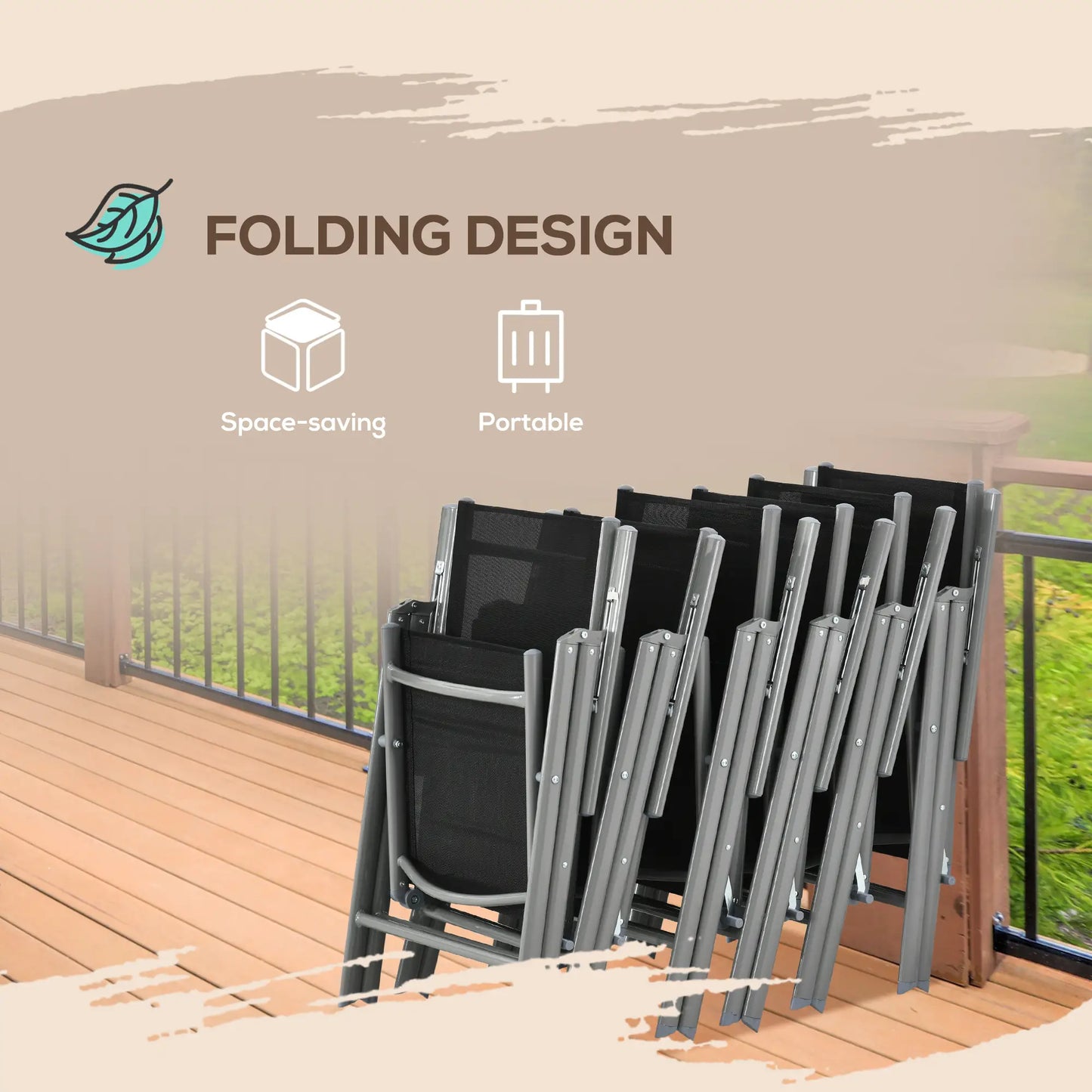 7 Piece Garden Dining Set, Outdoor Table and 6 Folding and Reclining Chairs, Aluminium Frame, Tempered Glass Top Table, Texteline Seats, Black