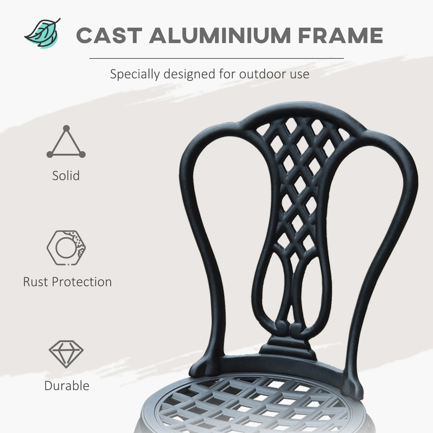 3 Piece Patio Cast Aluminium Bistro Set Garden Outdoor Furniture Table and Chairs Shabby Chic Style