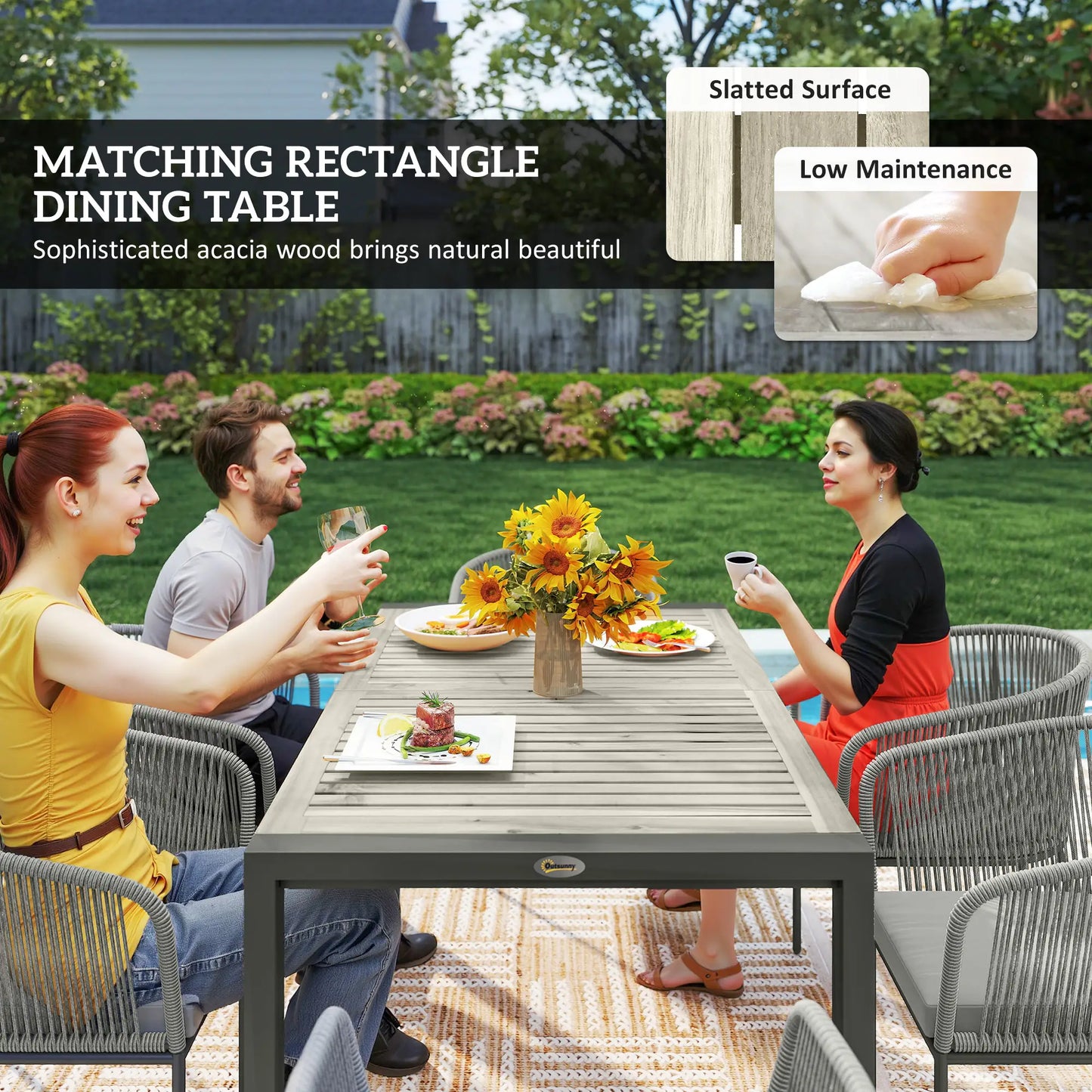 Rattan Dining Set, 6 Seater Rattan Garden Furniture Set with Acacia Wood Top Rectangle Table, 6 Chairs, Washable Seat Cushions, for Outdoor, Patio, Conservatory, Grey