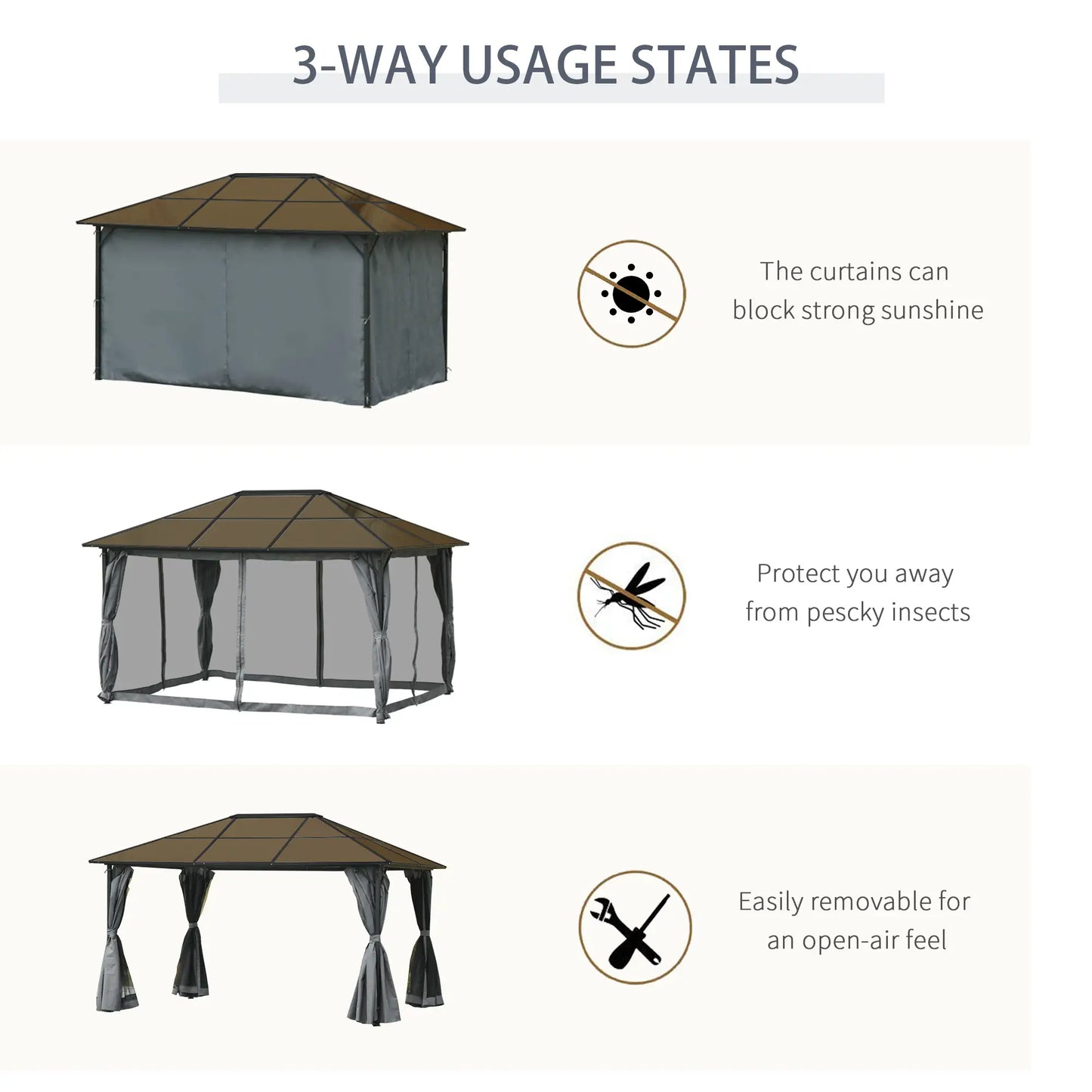3 x 4m Hardtop Gazebo Canopy with Polycarbonate Roof, Aluminium Frame, Permanent Pavilion Garden Gazebo with Netting and Curtains - Grey