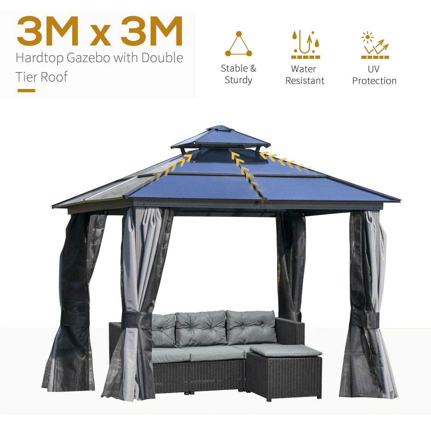 Outdoor 3 x 3(m) Gazebo Cabana w/ Steel Frame & Net Sidewalls for Privacy