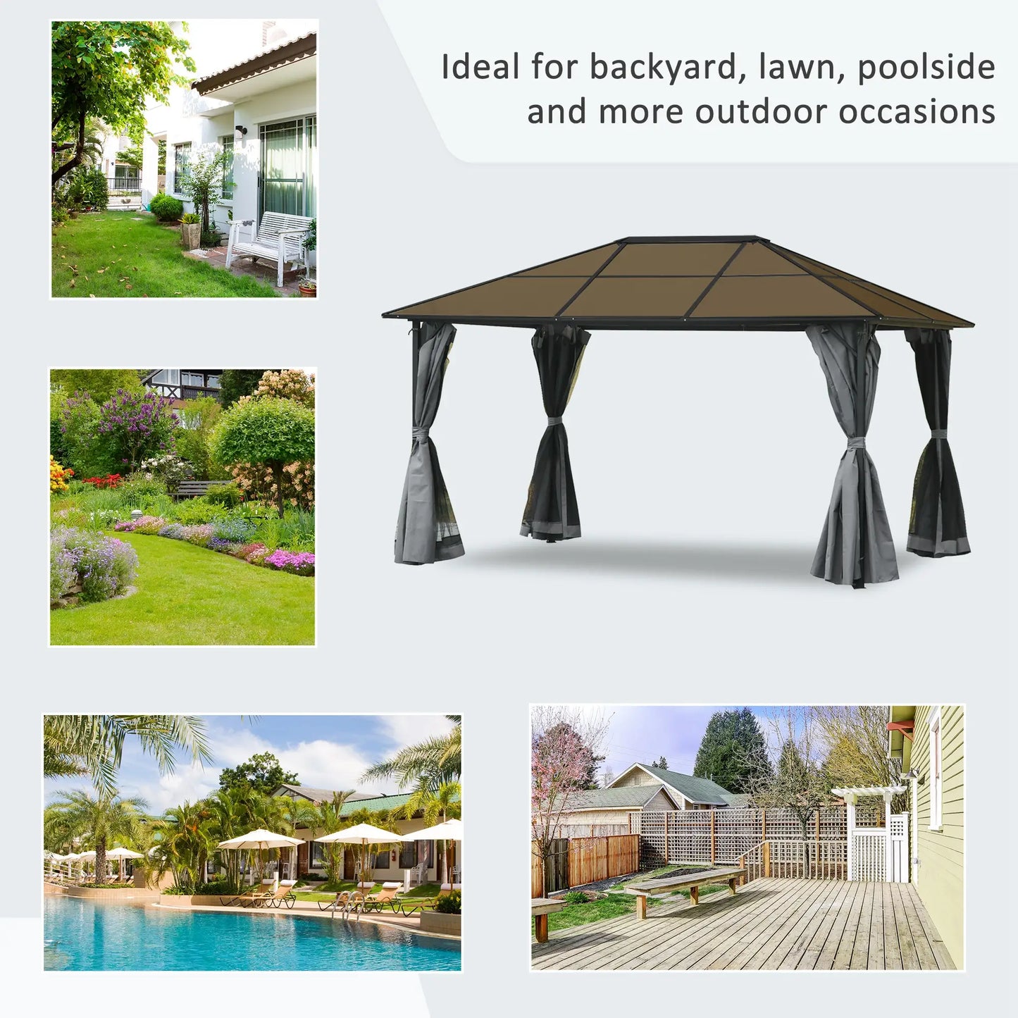 3 x 4m Hardtop Gazebo Canopy with Polycarbonate Roof, Aluminium Frame, Permanent Pavilion Garden Gazebo with Netting and Curtains - Grey
