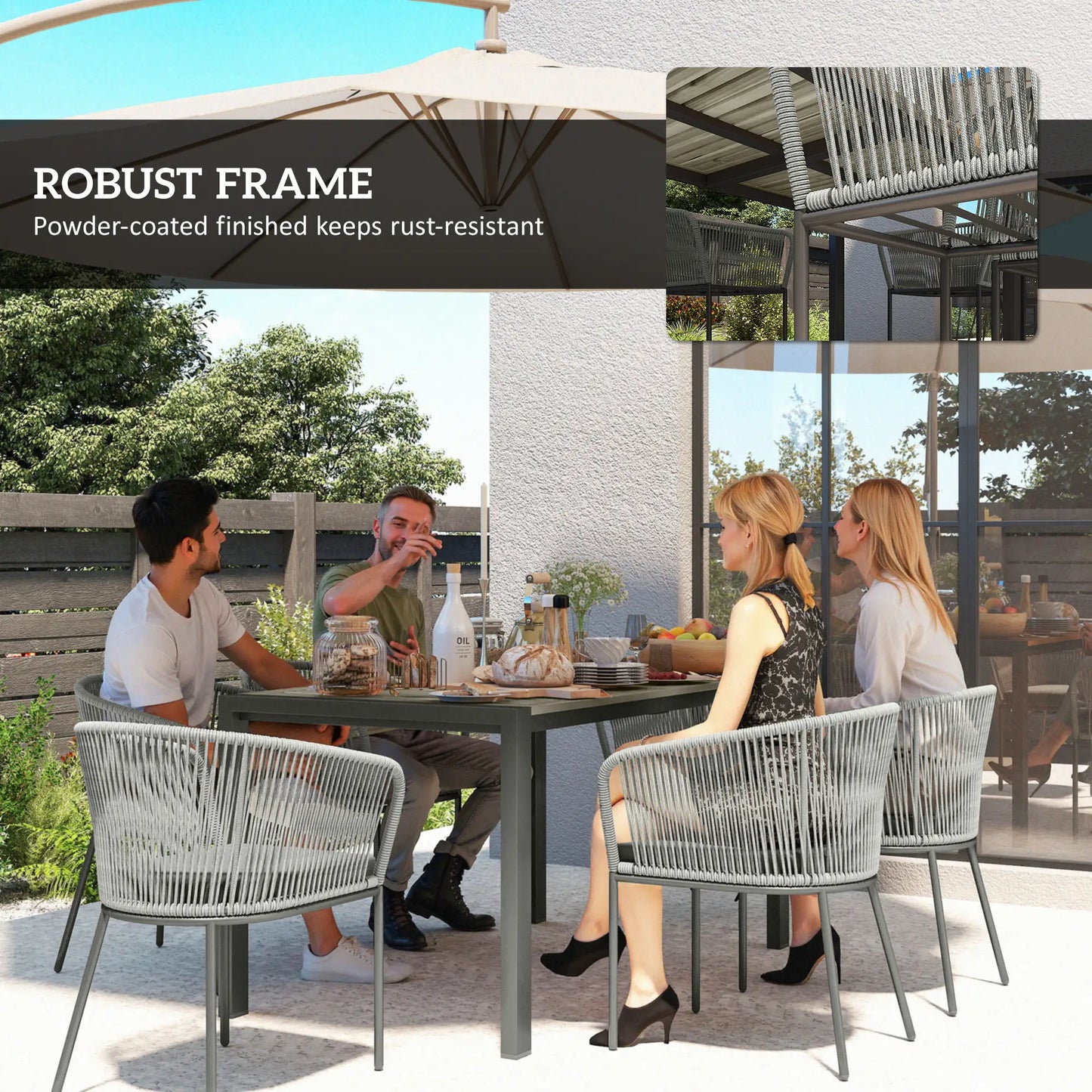 Rattan Dining Set, 6 Seater Rattan Garden Furniture Set with Acacia Wood Top Rectangle Table, 6 Chairs, Washable Seat Cushions, for Outdoor, Patio, Conservatory, Grey