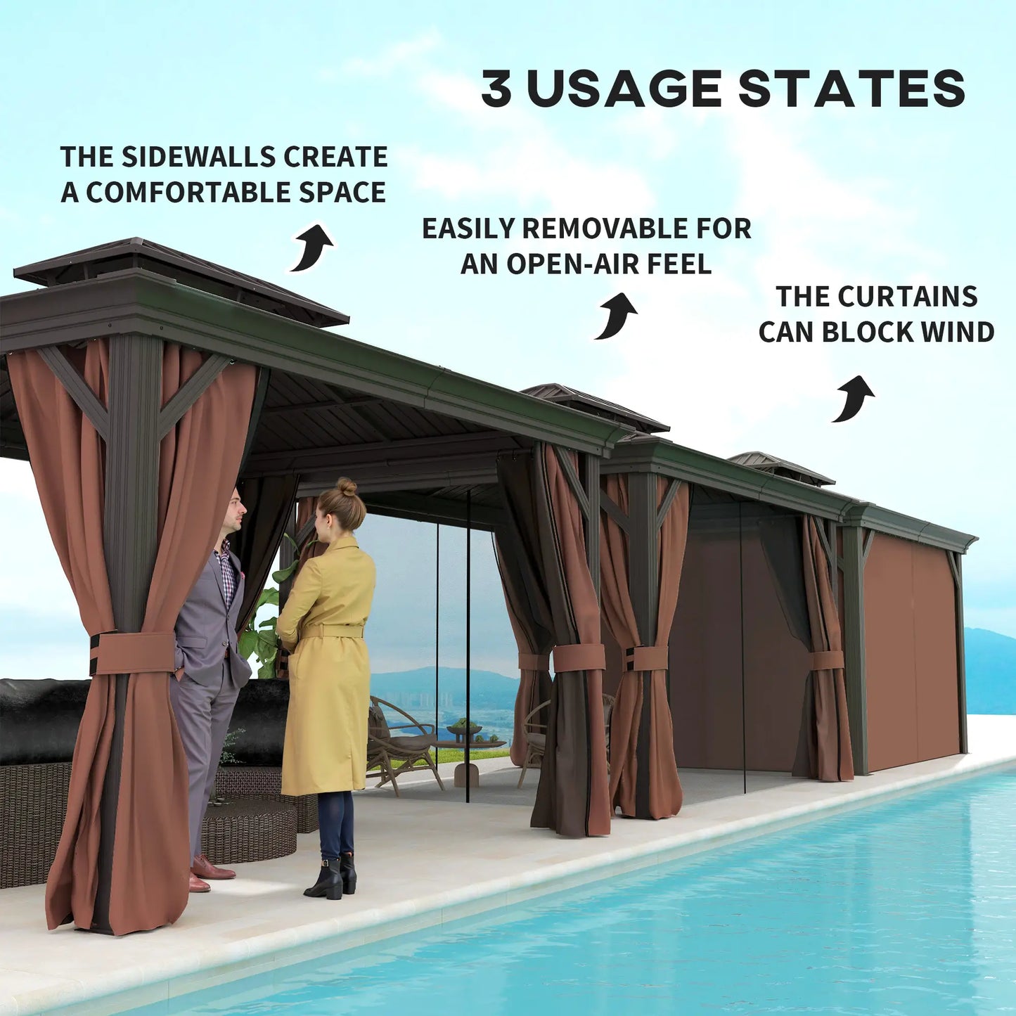 3 x 3.7m Outdoor Hardtop Gazebo Canopy Aluminium Frame with 2-Tier Roof & Mesh Netting Sidewalls for Patio, Dark Brown
