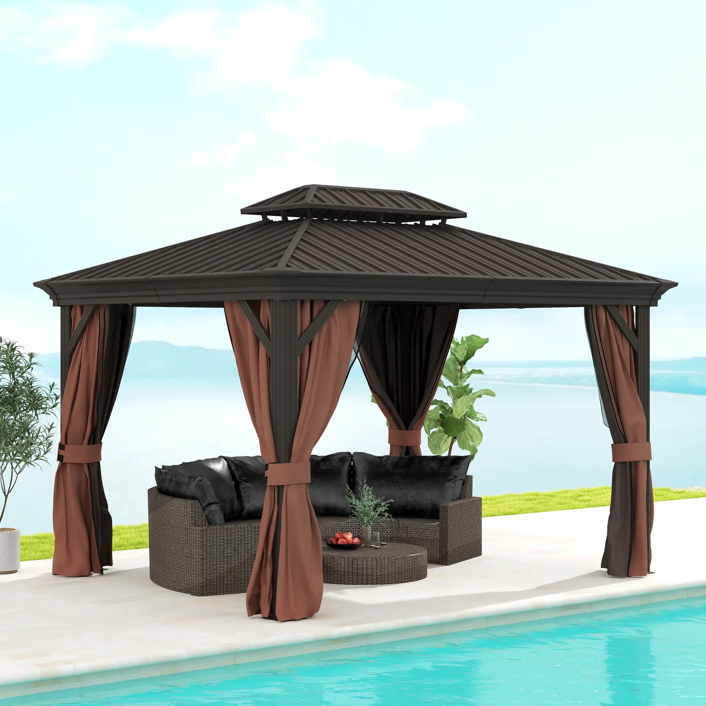 3 x 3.7m Outdoor Hardtop Gazebo Canopy Aluminium Frame with 2-Tier Roof & Mesh Netting Sidewalls for Patio, Dark Brown