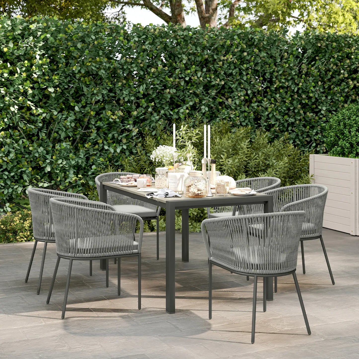 Rattan Dining Set, 6 Seater Rattan Garden Furniture Set with Acacia Wood Top Rectangle Table, 6 Chairs, Washable Seat Cushions, for Outdoor, Patio, Conservatory, Grey