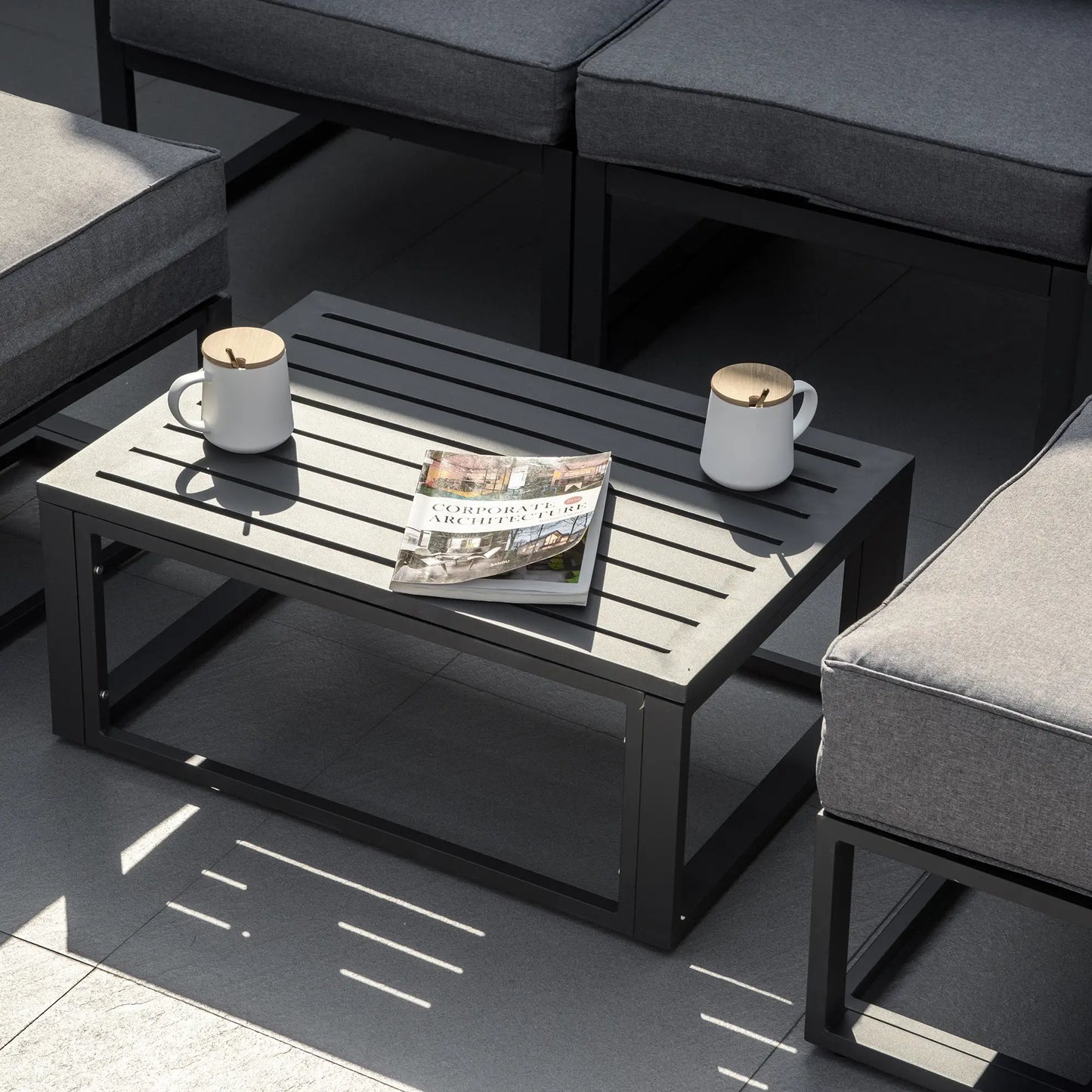 Garden Daybed, 6 Piece Outdoor Sectional Sofa Set, Aluminum Patio Conversation Furniture Set with Coffee Table, Footstool and Cushions, Grey