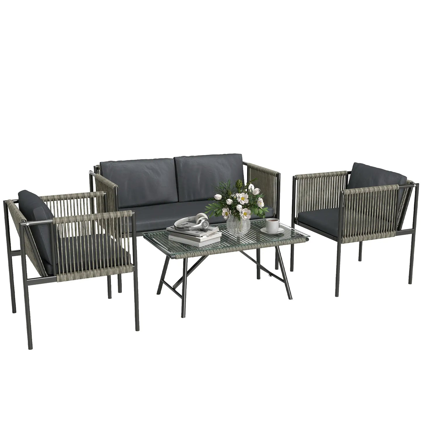 Four-Piece Round Rattan Rope Sofa Set - Grey
