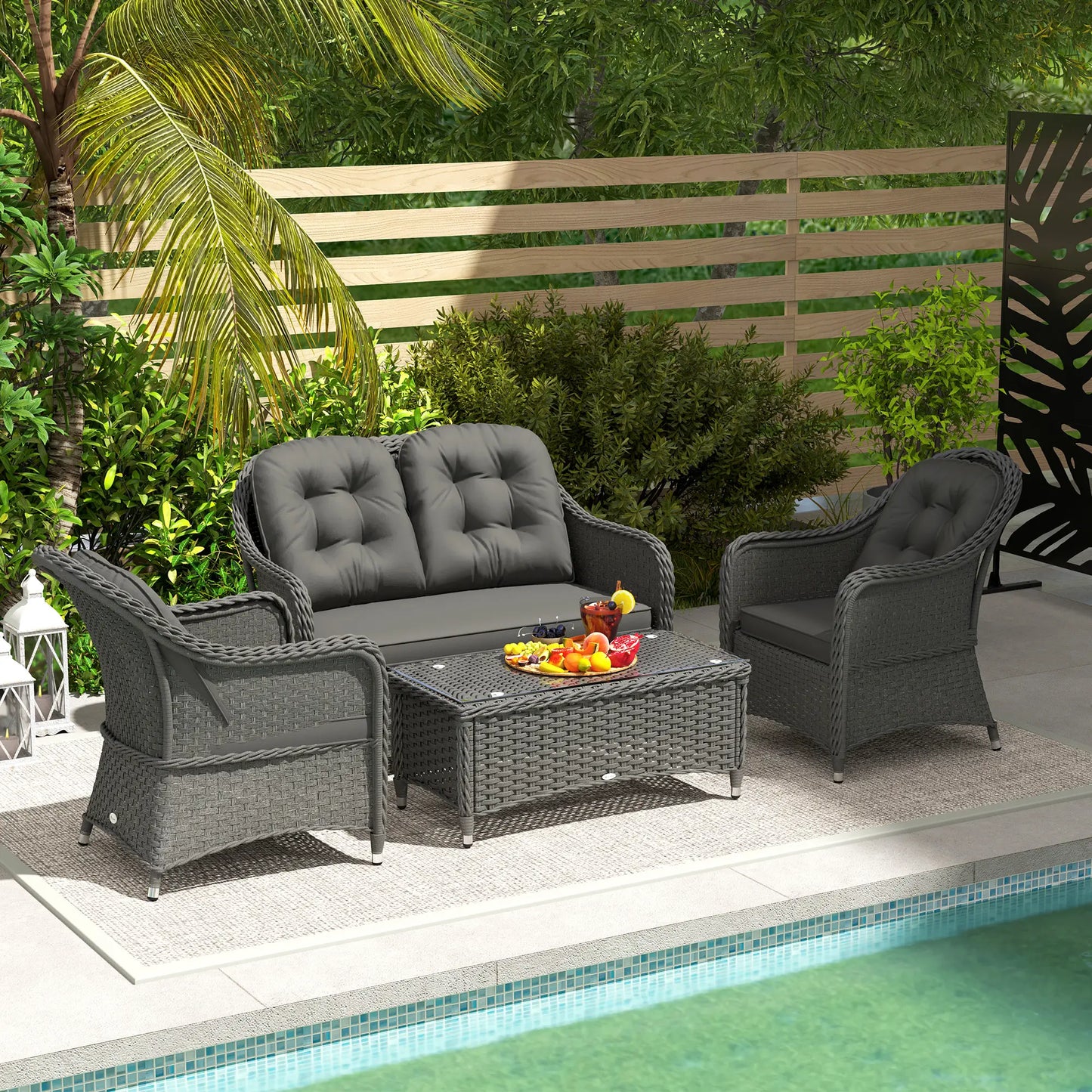 Four-Piece Rattan Sofa Set, with Glass-Top Table - Light Grey