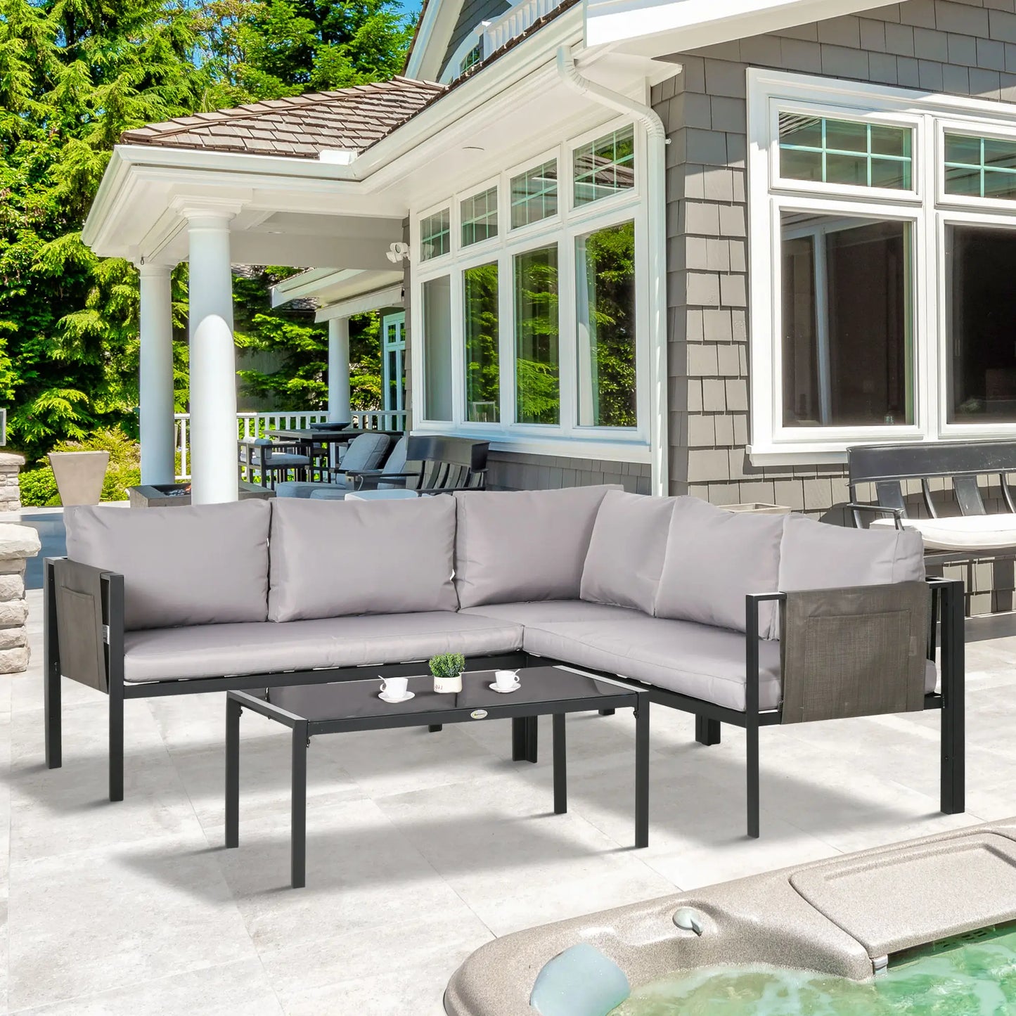 5 Seater Garden Corner Sofa Set, 4 Pieces Metal Garden Furniture Set with Loveseats, Glass Top Coffee Table, Breathable Mesh Pocket, Outdoor Conversation Furniture with Cushions, Light Grey