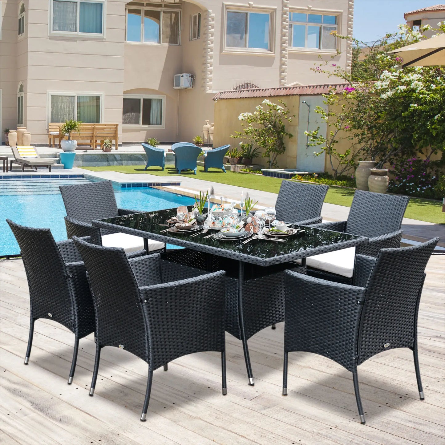 6 Seater Rattan Dining Set with Cushions, Rattan Garden Furniture Set with 6 Armchairs, Rectangular Glass Top Table, Outdoor Dining Table and Chairs, Black