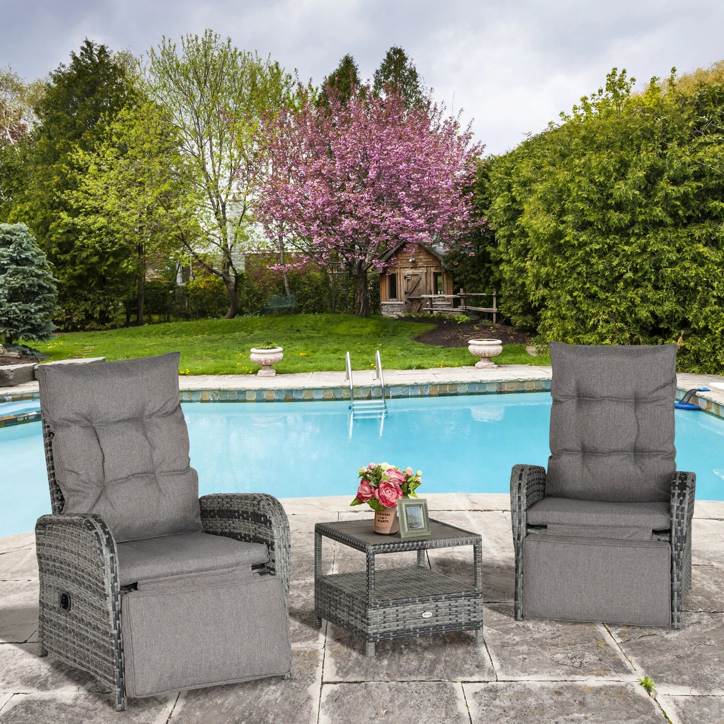 2 Seater Patio Wicker Chaise Lounge Sofa Set with Fabric Cushion, Grey