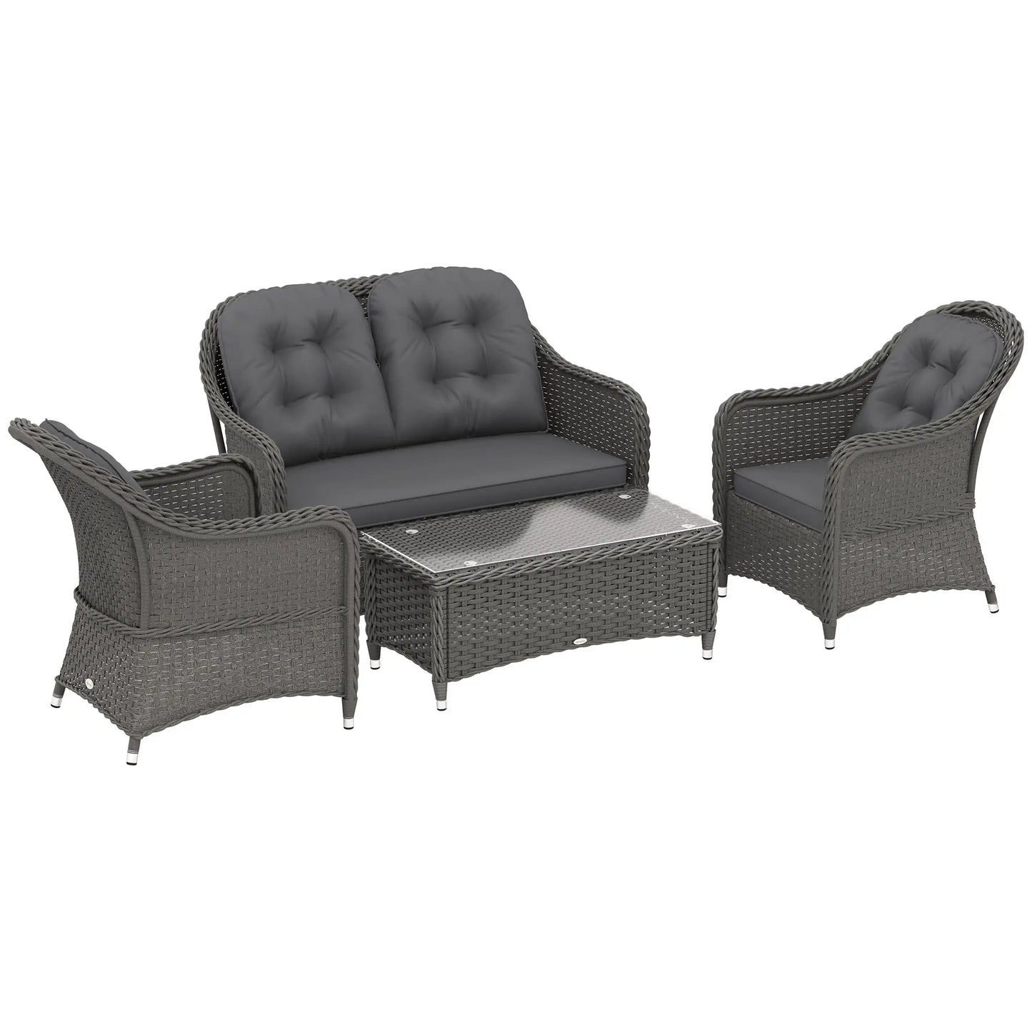 Four-Piece Rattan Sofa Set, with Glass-Top Table - Light Grey