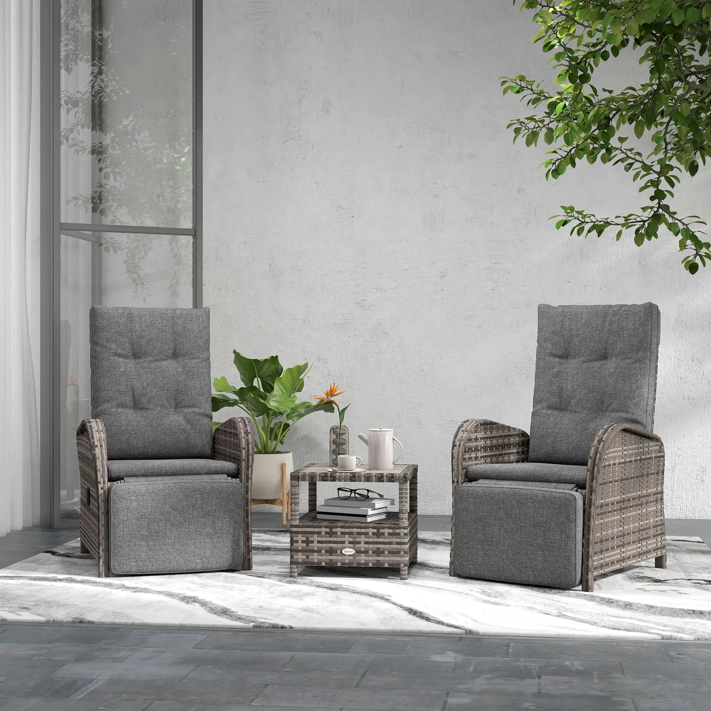 2 Seater Patio Rattan Chaise Lounge Sofa Set with Fabric Cushion, Grey and Brown