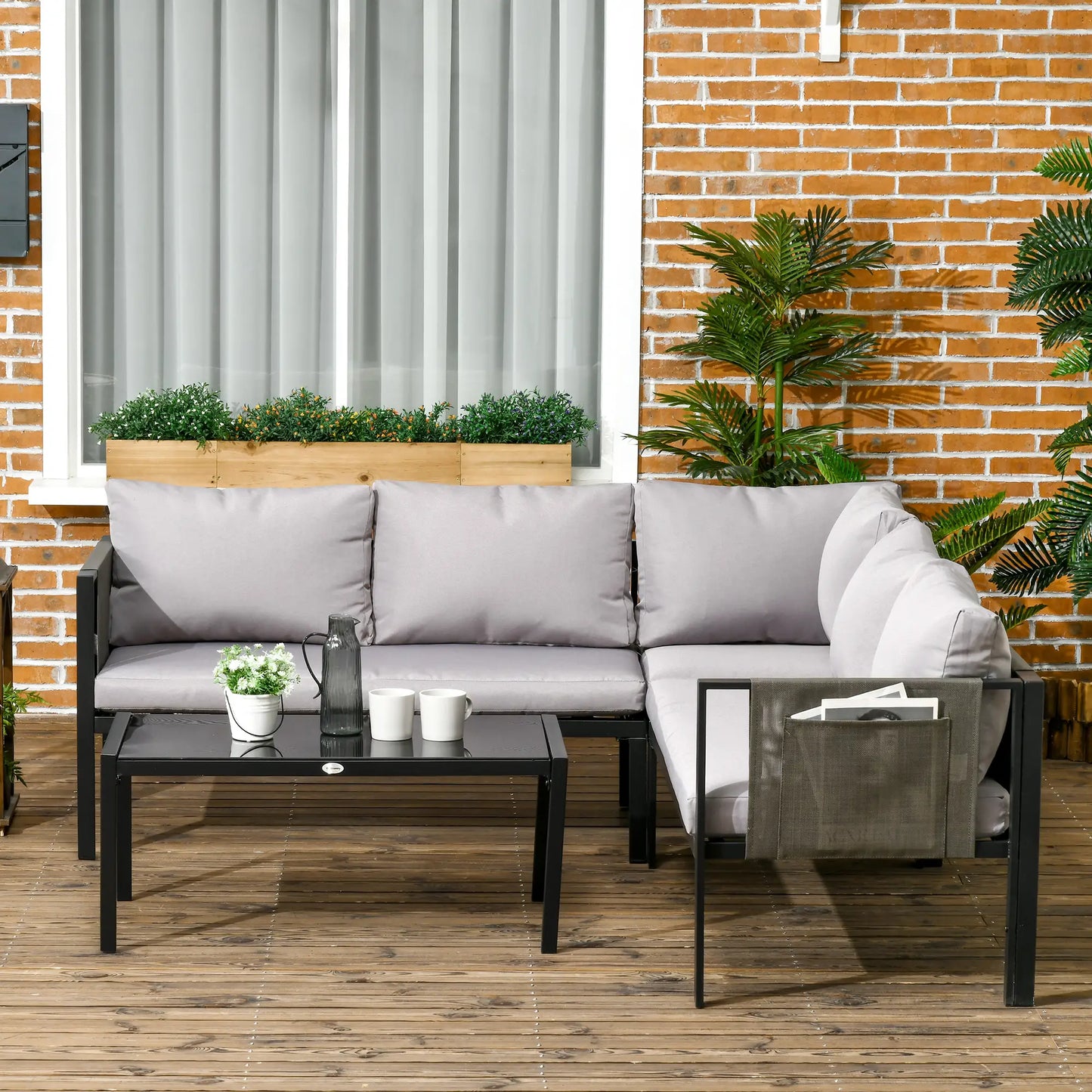 5 Seater Garden Corner Sofa Set, 4 Pieces Metal Garden Furniture Set with Loveseats, Glass Top Coffee Table, Breathable Mesh Pocket, Outdoor Conversation Furniture with Cushions, Light Grey