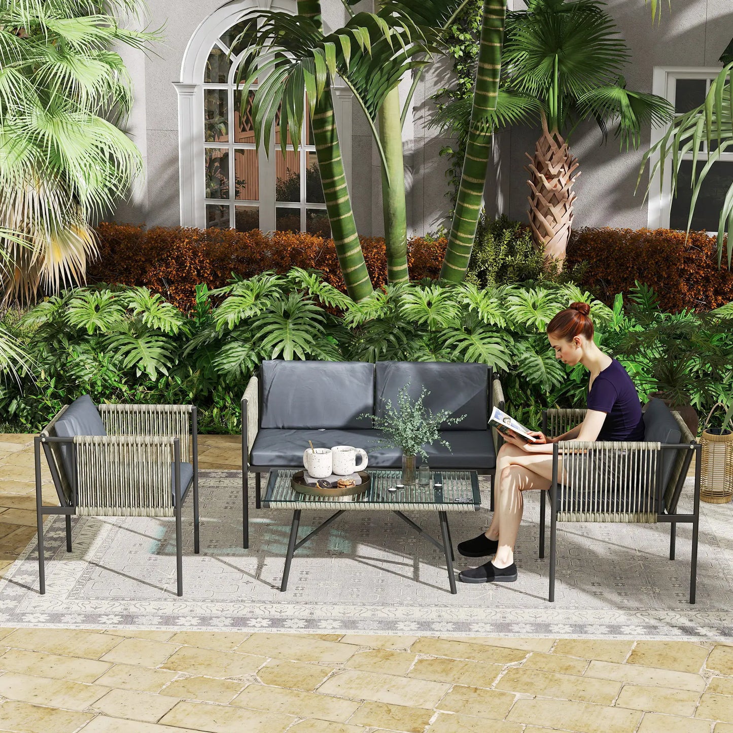 Four-Piece Round Rattan Rope Sofa Set - Grey