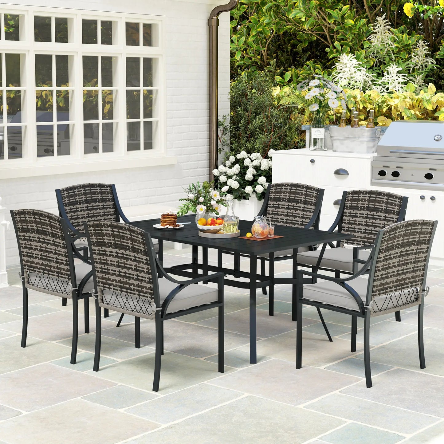 Rattan Garden Furniture Set with Cushions, 6 Seater Rattan Dining Set with 6 Armchairs, 150 x 96cm Rectangular Table, Umbrella Hole, for Outdoor, Patio, Balcony, Terrace, Conservatory