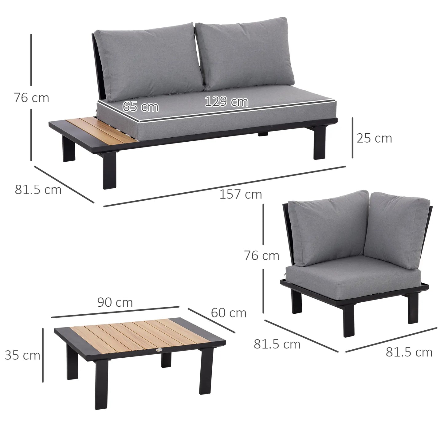 4 Pieces Aluminium Garden Furniture Set L Shape Sofa Set with Tables, Cushions for Indoor, Garden, Patio, Dark Grey