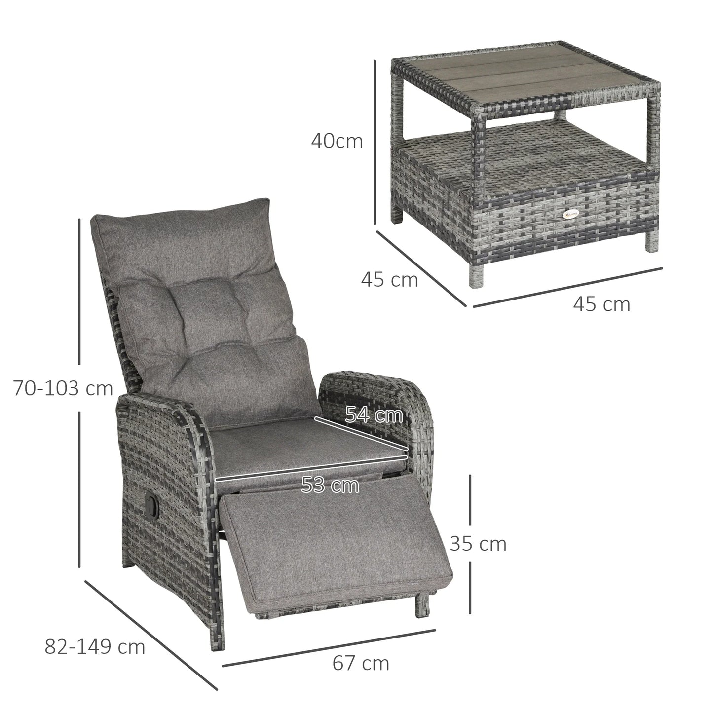 2 Seater Patio Wicker Chaise Lounge Sofa Set with Fabric Cushion, Grey