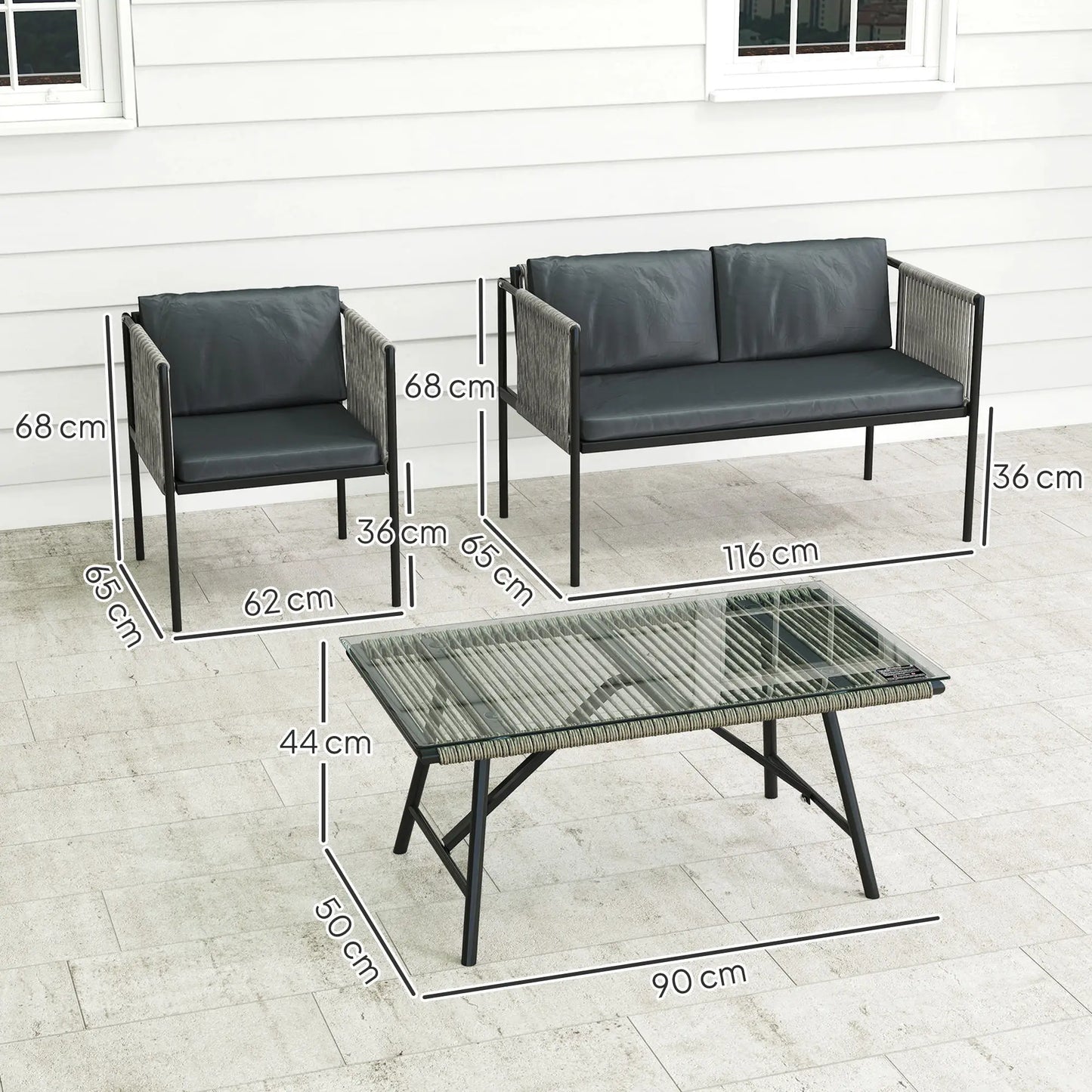 Four-Piece Round Rattan Rope Sofa Set - Grey