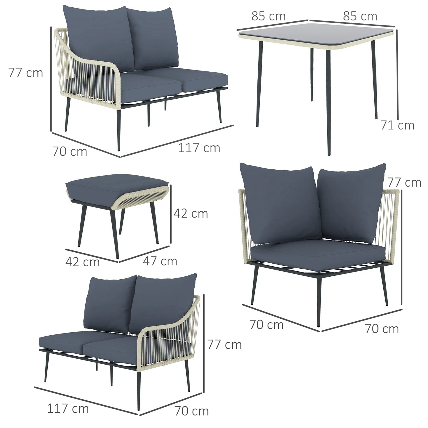 Six-Piece Rattan Strong Garden Sofa Set - Grey