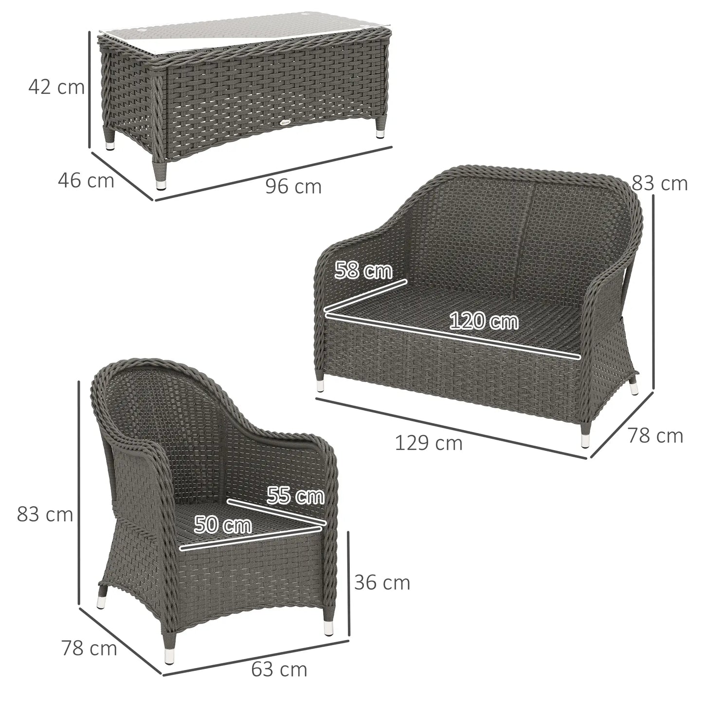 Four-Piece Rattan Sofa Set, with Glass-Top Table - Light Grey