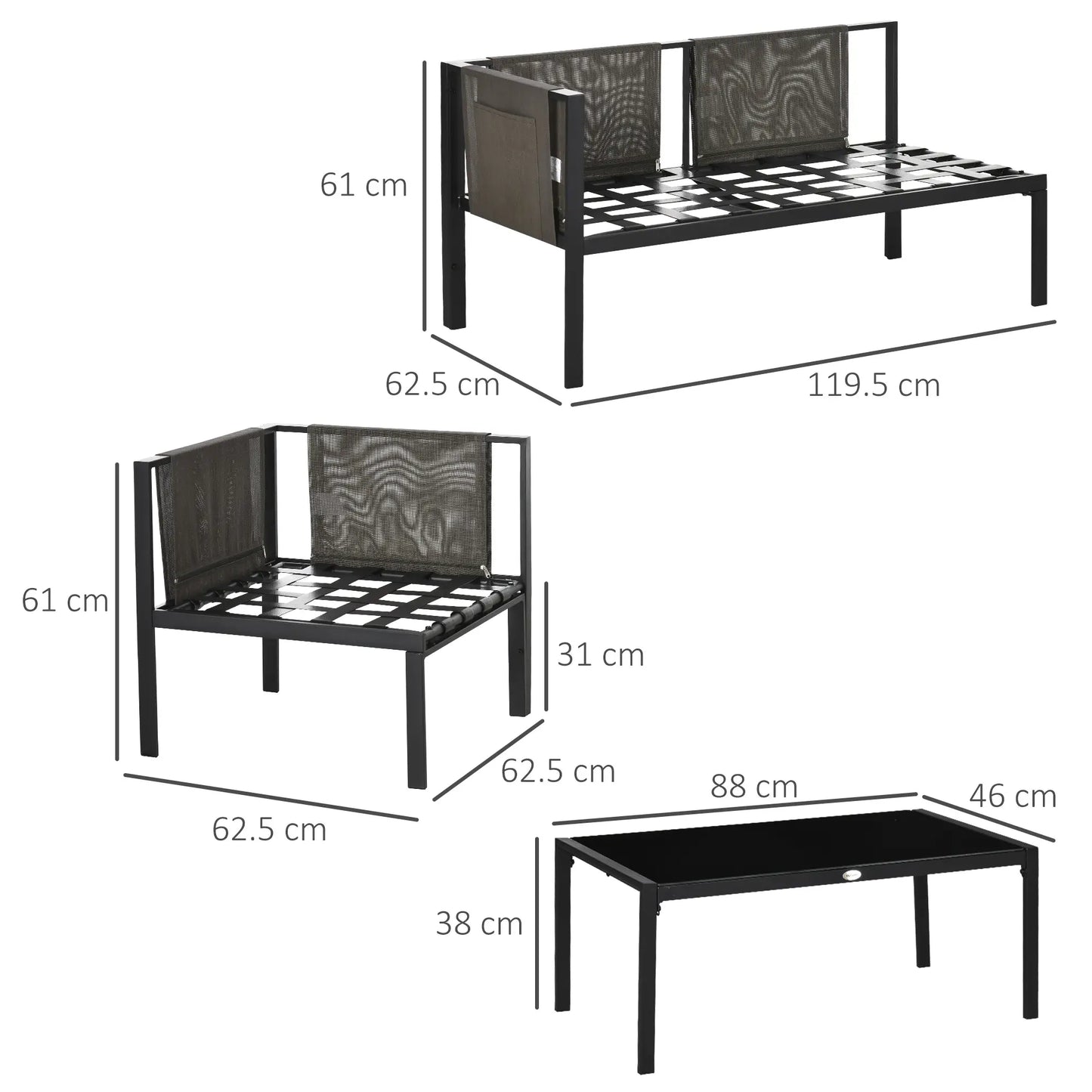 5 Seater Garden Corner Sofa Set, 4 Pieces Metal Garden Furniture Set with Loveseats, Glass Top Coffee Table, Breathable Mesh Pocket, Outdoor Conversation Furniture with Cushions, Light Grey