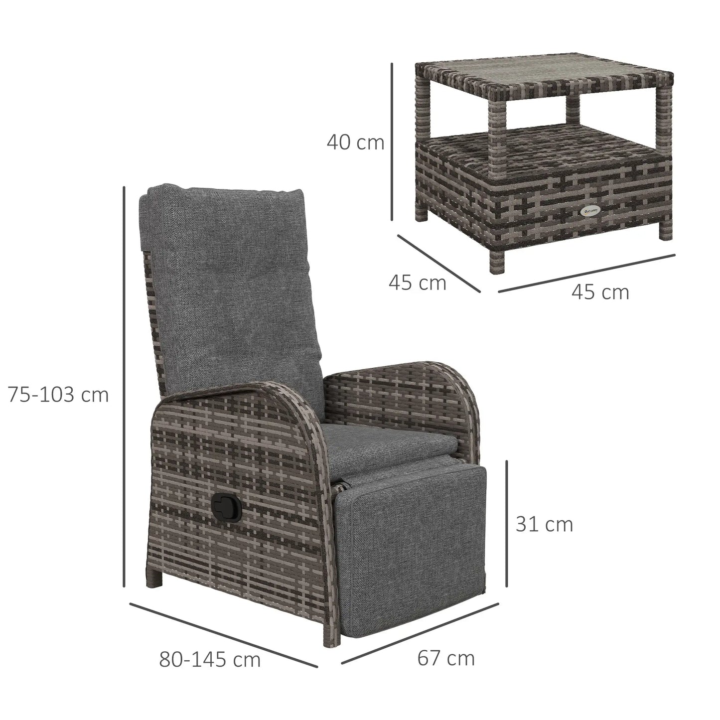 2 Seater Patio Rattan Chaise Lounge Sofa Set with Fabric Cushion, Grey and Brown