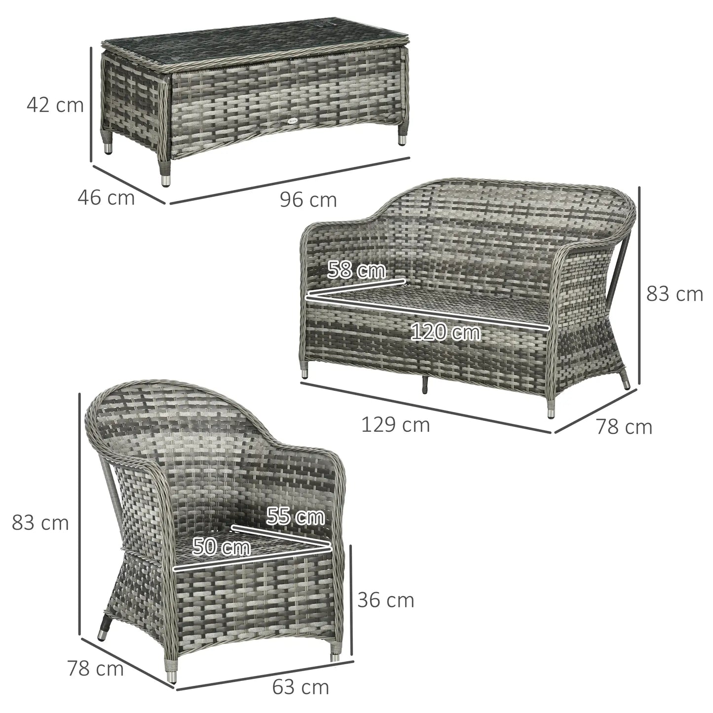 Four-Piece Rattan Sofa Set, with Glass-Top Table - Orange