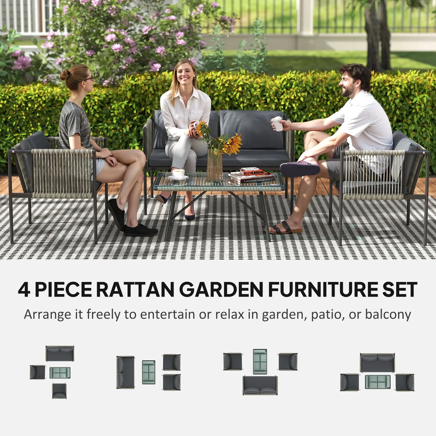 Four-Piece Round Rattan Rope Sofa Set - Grey