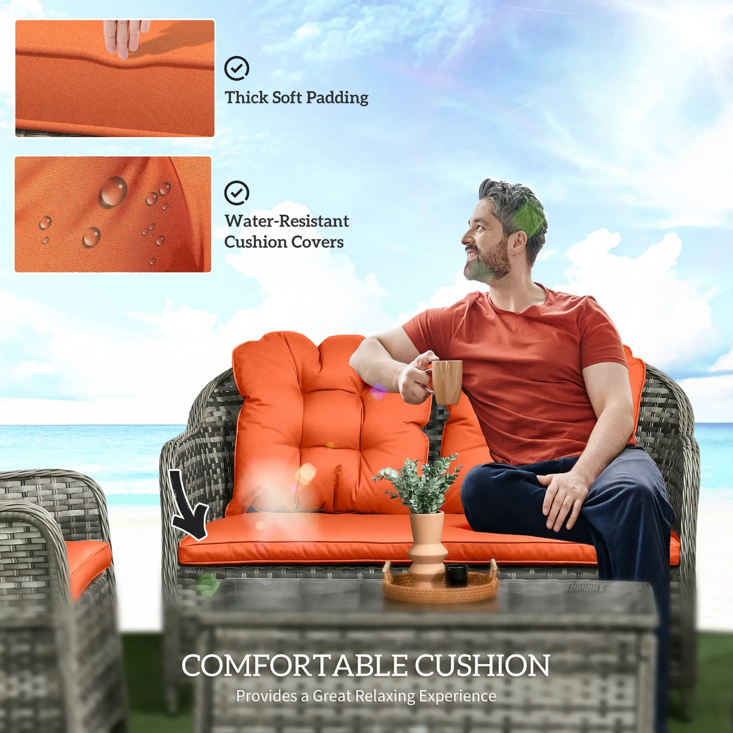 Four-Piece Rattan Sofa Set, with Glass-Top Table - Orange