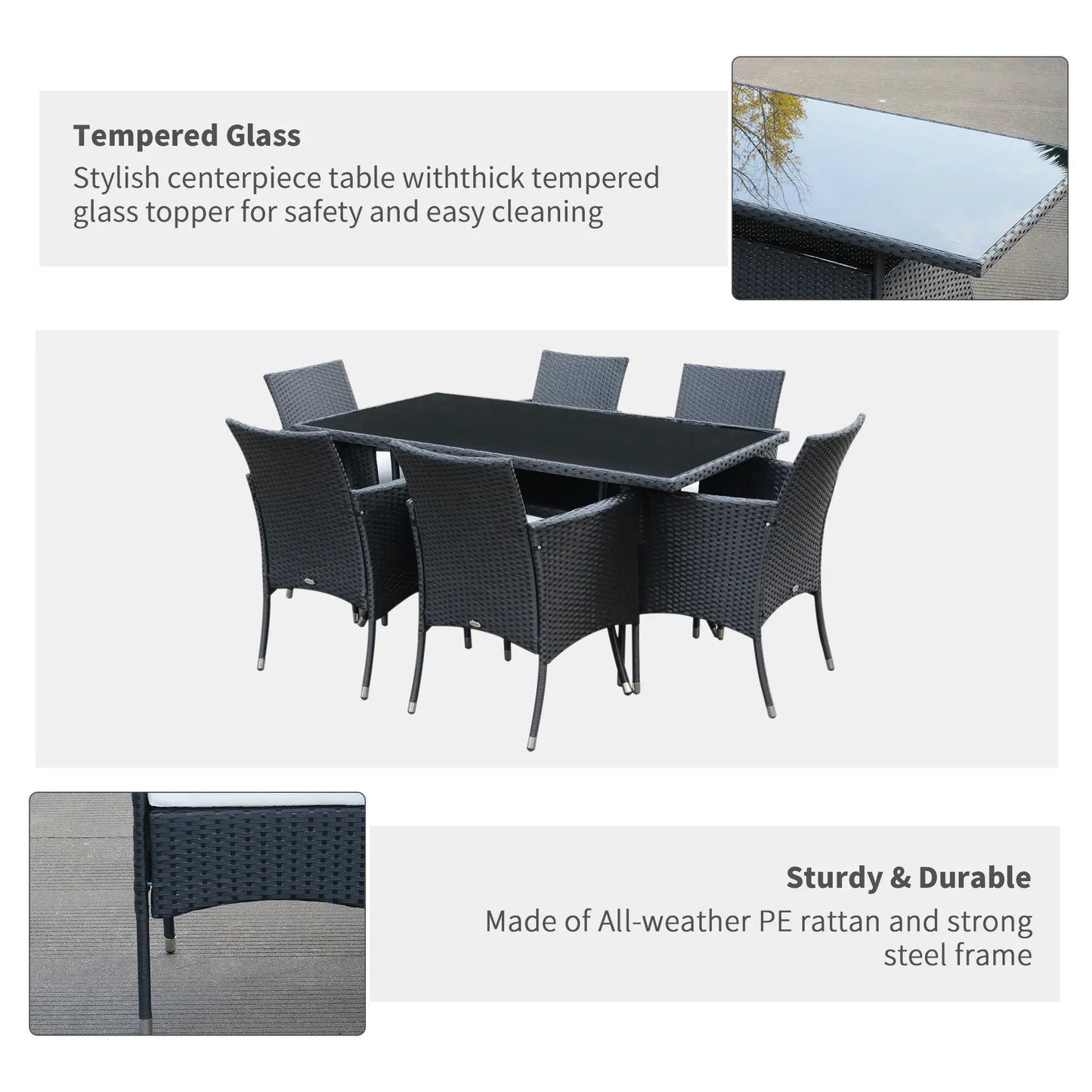 6 Seater Rattan Dining Set with Cushions, Rattan Garden Furniture Set with 6 Armchairs, Rectangular Glass Top Table, Outdoor Dining Table and Chairs, Black