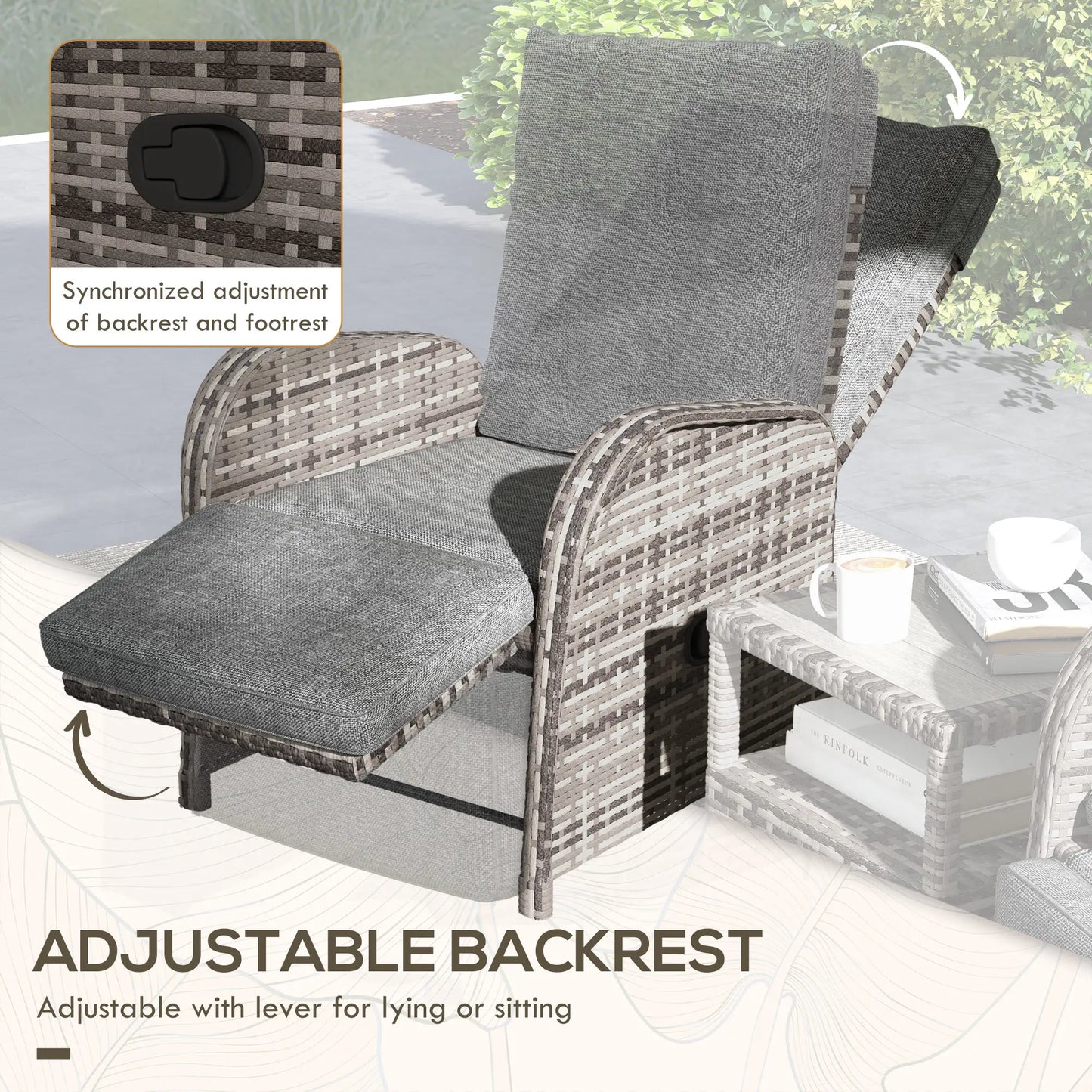 2 Seater Patio Rattan Chaise Lounge Sofa Set with Fabric Cushion, Grey and Brown